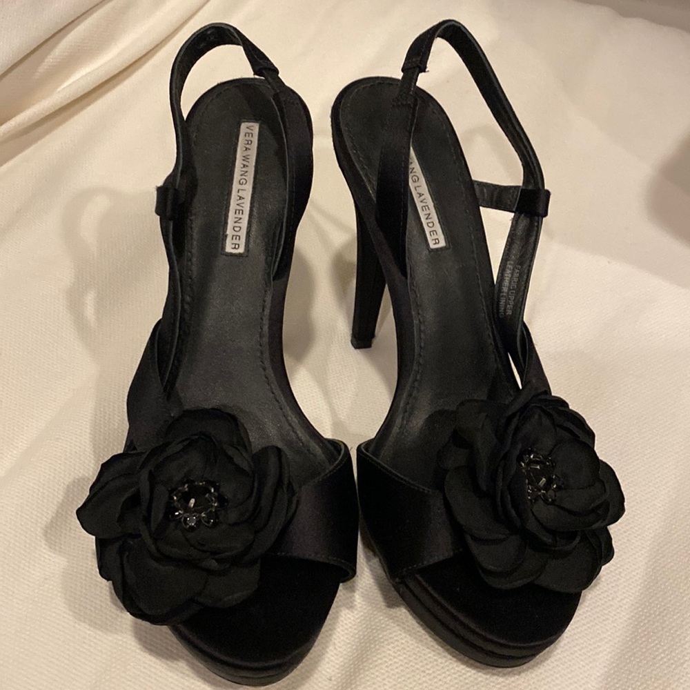 Vera Wang Lavender Black Strappy Heel with floral accent